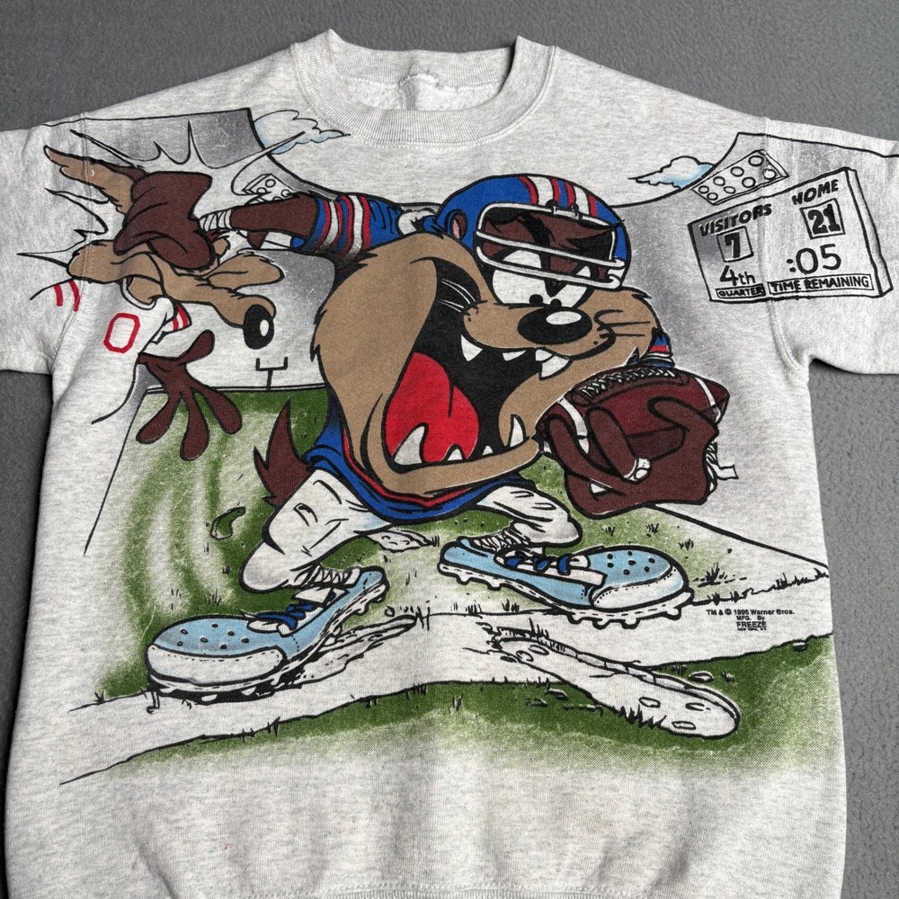 Vintage 1995 Taz Looney Tunes Football Sweatshirt Gray Youth L Womens XS Freeze